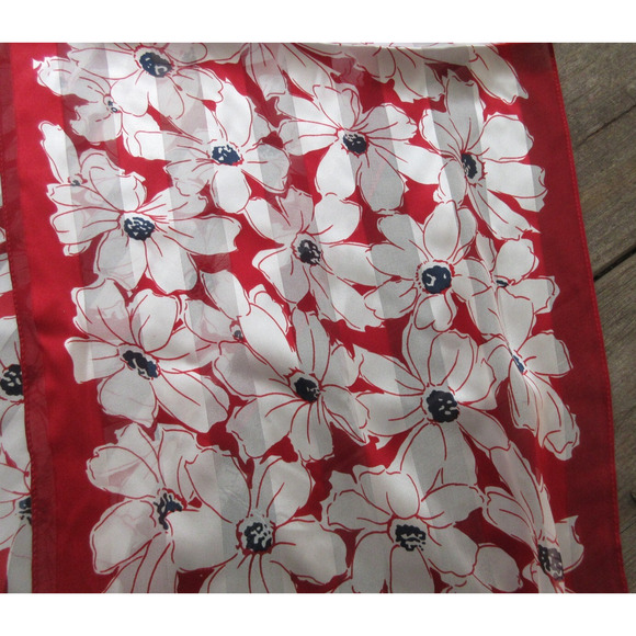 Ralph Lauren Floral 100% Silk Scarf Red and White Daisy Print 12” X 52” NEW Gift - Picture 2 of 7